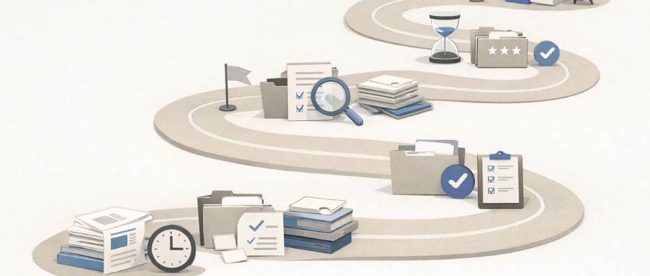Illustration som symboliserar EU:s finansieringsansökningsprocess, inklusive utvärderingssteg, tidslinjer och administrativ komplexitet.