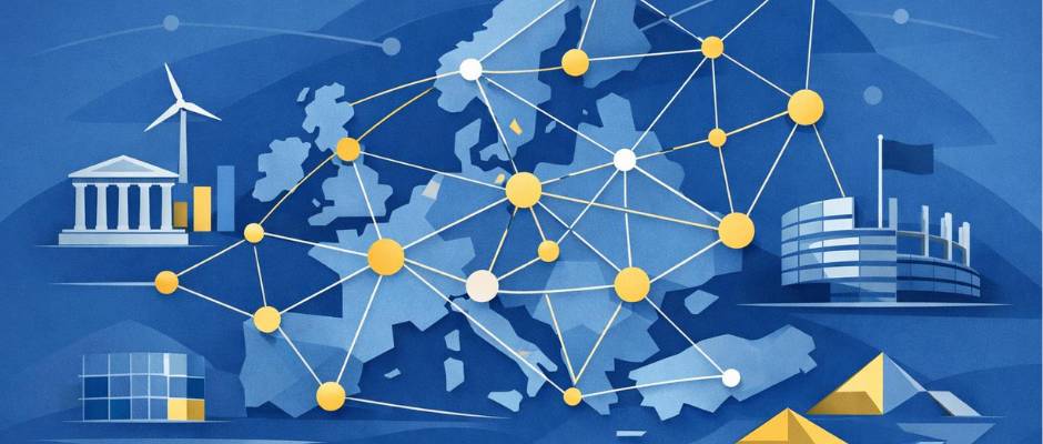 Abstract illustration representing the European Union funding system and institutional structure for founders and businesses.