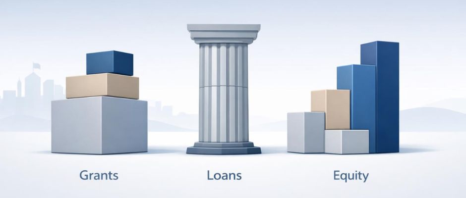 Konceptuell illustration som visar EU-finansieringsinstrument som bidrag, lån och kapital för europeiska startups och små och medelstora företag.