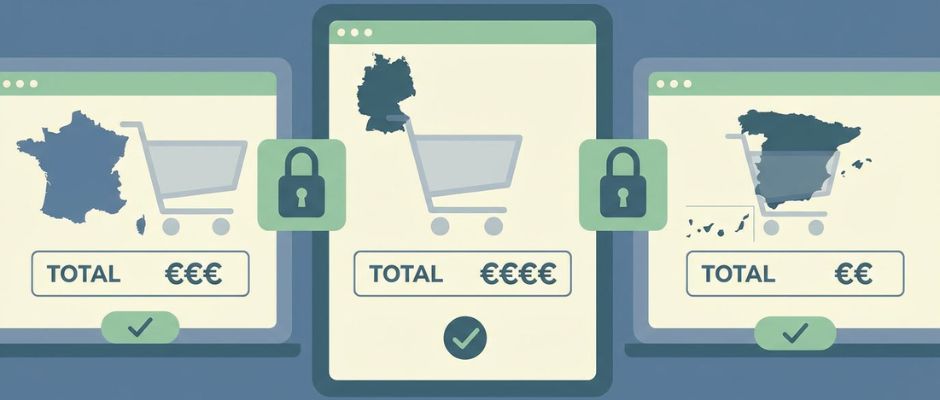 Illustration som visar momsinkluderande B2C-prissättning där totalpriserna skiljer sig åt per EU-land baserat på lokala momssatser.