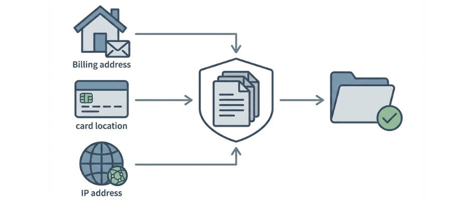 Diagram som visar bevis som används för att fastställa en kunds EU-land för momssyften, inklusive faktureringsadress, kortplats och IP-adress.