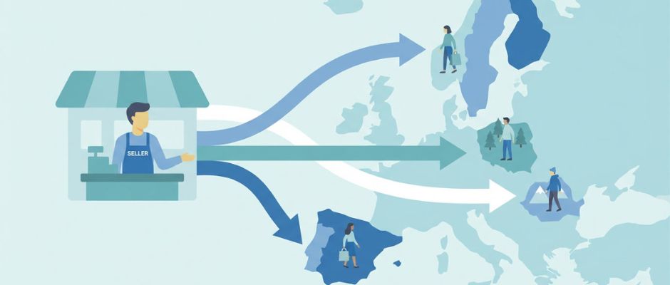 Illustration av EU:s momsdestinationsprincip som visar en säljare som tar ut moms baserat på kundens EU-land vid gränsöverskridande B2C-försäljning.