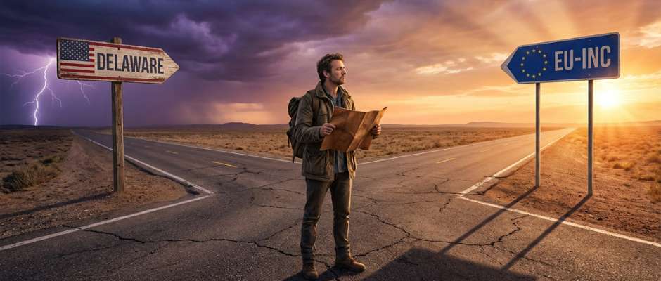 En startup-grundare som står vid ett dramatiskt vägskäl och väljer mellan bolagsregistrering i Delaware eller EU-INC, med en himmel som är delad mellan storm och soluppgång ovanför.