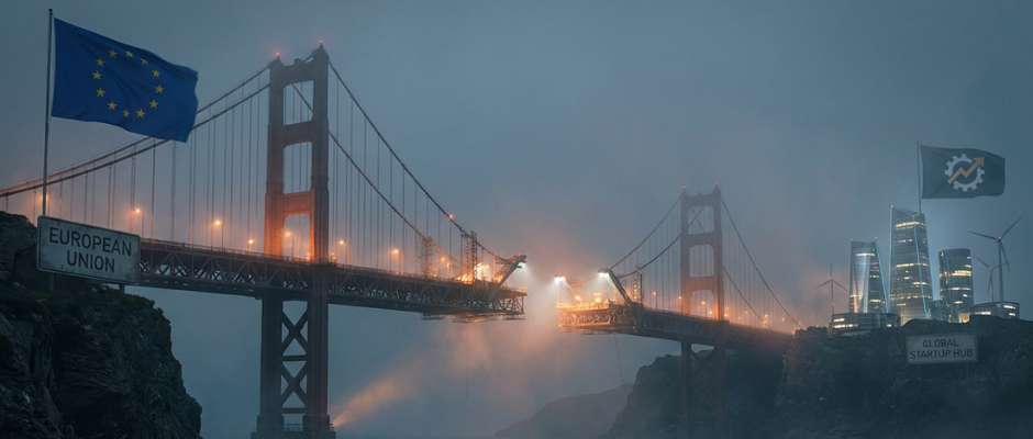 En halvbyggd bro upphängd i dimma som förbinder två klippor som representerar EU och ett enhetligt startup-nav, vilket symboliserar EU-INC-förslaget som fortfarande är under lagstiftningsutveckling.