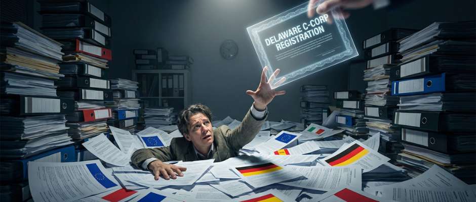 En europeisk startup-grundare överväldigad av en flod av pappersarbete för efterlevnad i flera länder, som sträcker sig mot ett lysande Delaware C-Corp-dokument precis utom räckhåll.