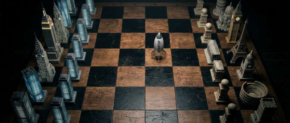 Ett schackparti med höga insatser sett ovanifrån med amerikanska företagsbyggnader mot europeiska landmärken som pjäser, och en startup-raket som står oclaimad i mitten, vilket representerar det strategiska beslut om bolagsregistrering som grundare står inför.