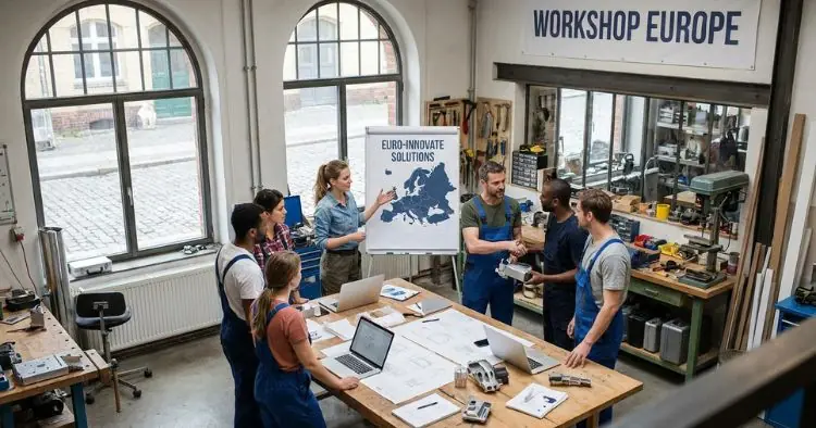 Europejscy założyciele wspólnie planują transgraniczny biznes przed mapą Europy
